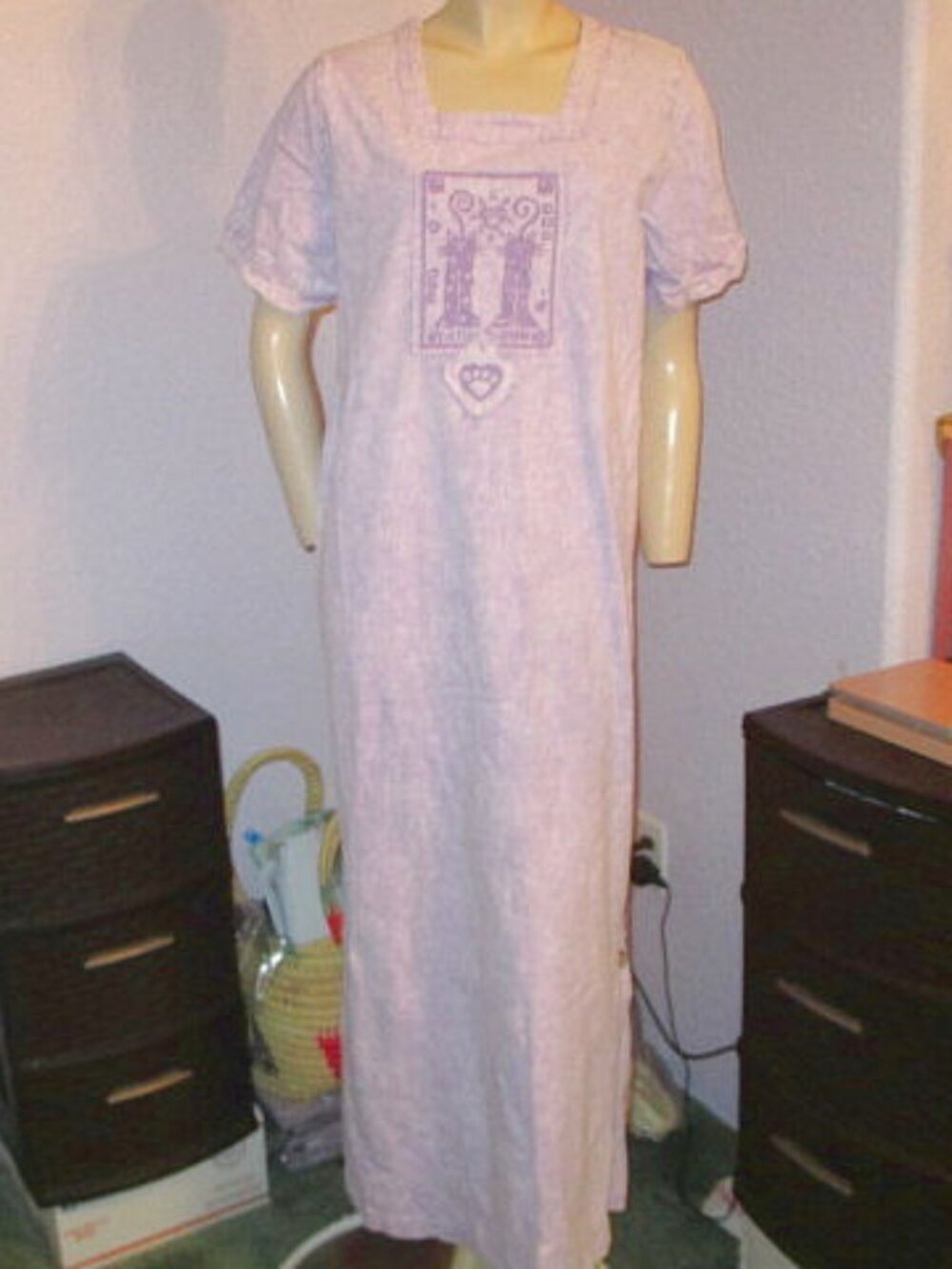Vtg 90s Hand Painted Batik Maxi Dress M Oversized T-Shirt Celestial Cats Boho